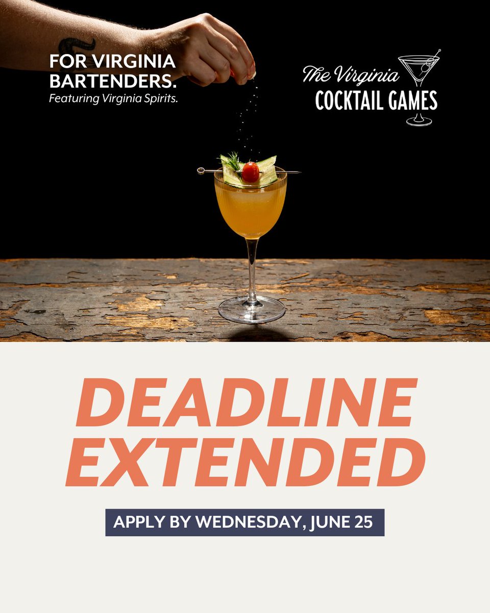 ❗️DEADLINE EXTENDED❗️Apply to compete in the 2025 Virginia Cocktail Games by Wednesday, June 25, at 11:59 p.m.

We're extending the deadline to apply for The Virginia Cocktail Games, a bartending competition for VA bartenders featuring #VaSpirits.

brnw.ch/21wTywa
