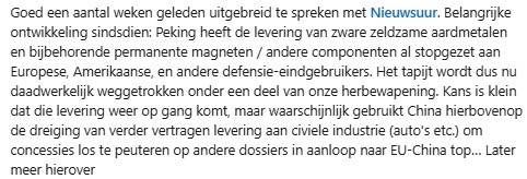 Joris Teer 刘亚伯 (@joristeer) on Twitter photo Belangrijk <a href="/Nieuwsuur/">Nieuwsuur</a> item waar ik aan bij mocht dragen + ontwikkelingen sindsdien in screenshot hieronder.
Conclusie: China is begonnen met het tapijt onder onze herbewapening wegtrekken door grondstoffentoevoer af te knijpen
Verdient veel meer aandacht op NAVO-top
<a href="/EU_ISS/">EU Institute for Security Studies</a> Belangrijk <a href="/Nieuwsuur/">Nieuwsuur</a> item waar ik aan bij mocht dragen + ontwikkelingen sindsdien in screenshot hieronder.
Conclusie: China is begonnen met het tapijt onder onze herbewapening wegtrekken door grondstoffentoevoer af te knijpen
Verdient veel meer aandacht op NAVO-top
<a href="/EU_ISS/">EU Institute for Security Studies</a>