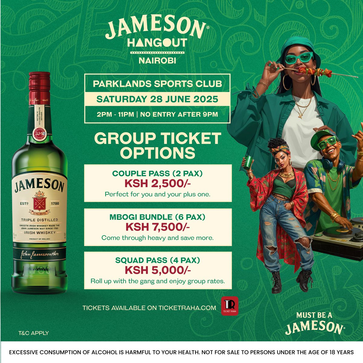 Pick your crew, pick your vibe!! 🤩

Whether it's you and your plus one, the squad, or the whole mbogi, we've got your pass 💯🎟️

Y'all don't want to be left behind this round, grab your Jameson Hangout tickets here🎟️; ticketraha.com/event?search=44 and get ready for the unforgettable