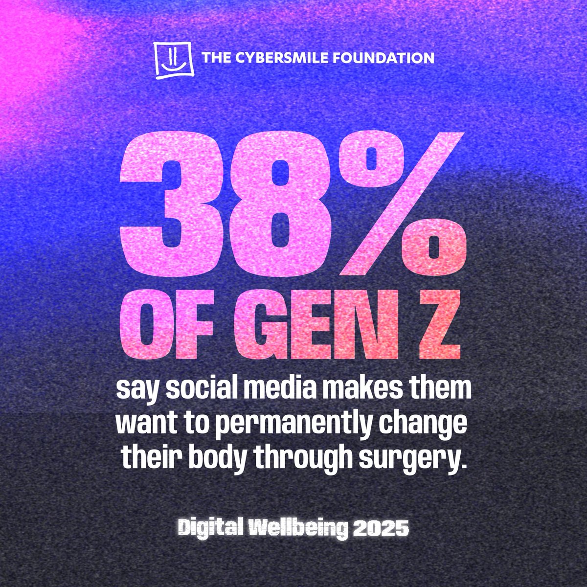 Our Digital Wellbeing 2025 report shows that 38% of Gen Z in the UK say that social media makes them want to permanently change their body through surgery. 

Explore the full #StopCyberbullyingDay report here: cybersmile.org/resource/digit…