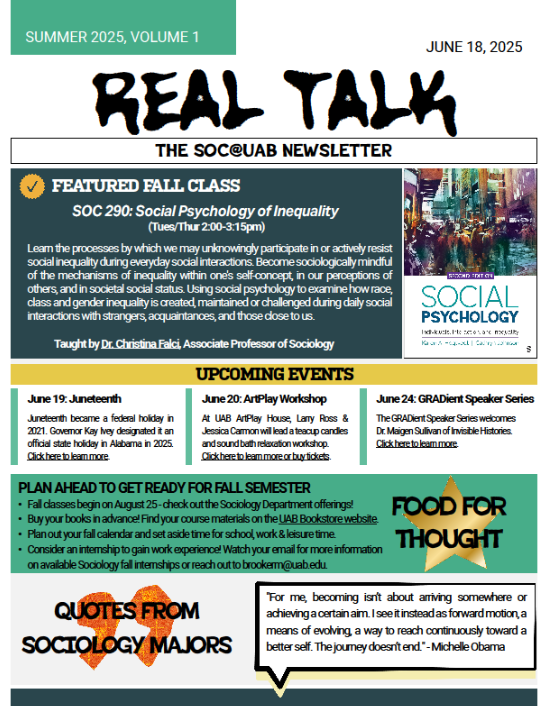 UABSociology's tweet photo. Check out our first ever issue of Real Talk: The SOC@UAB Newsletter! https://t.co/hRC2C17kBb