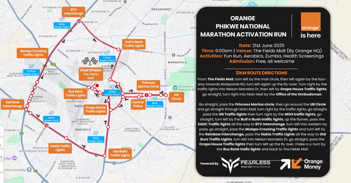 Get ready to hit the road tomorrow for the #OrangePhikweNationalMarathon activation!🏃🏾‍♂️🔥
Whether you're racing, cheering, or volunteering be sure to check your course and plan ahead before you lace up tomorrow morning.
See you at the Fields mall at 0600am. 😀
#RunForPhikwe