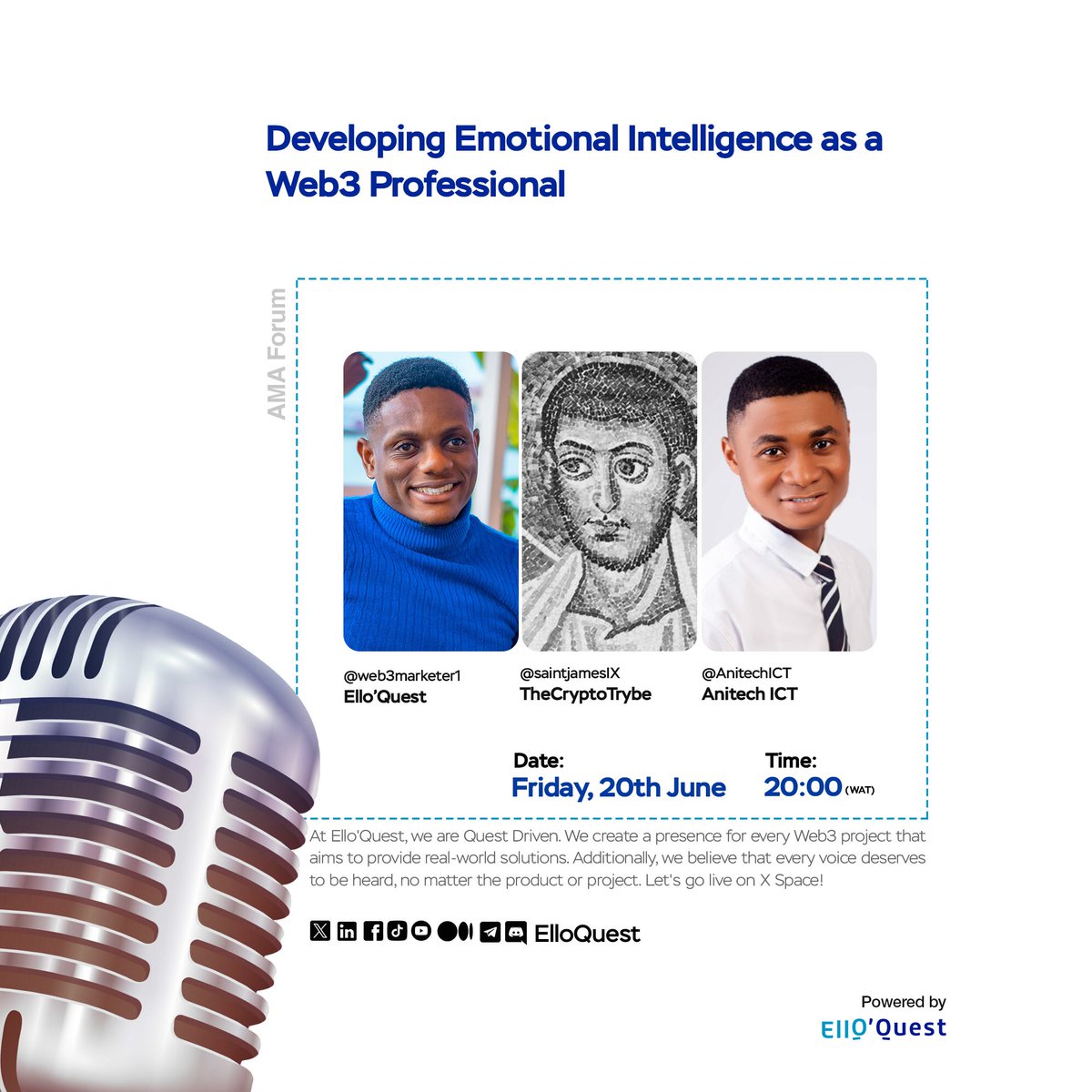 Can you thrive in Web3 without this key human skill?
Let’s talk about the hidden superpower most people ignore — Emotional Intelligence.

It’s the quiet force that helps both newbies and pros connect, lead, and grow in the Web3 space.

🗓️ June 20 | 🕗 8PM WAT

#ElloQuest #web3