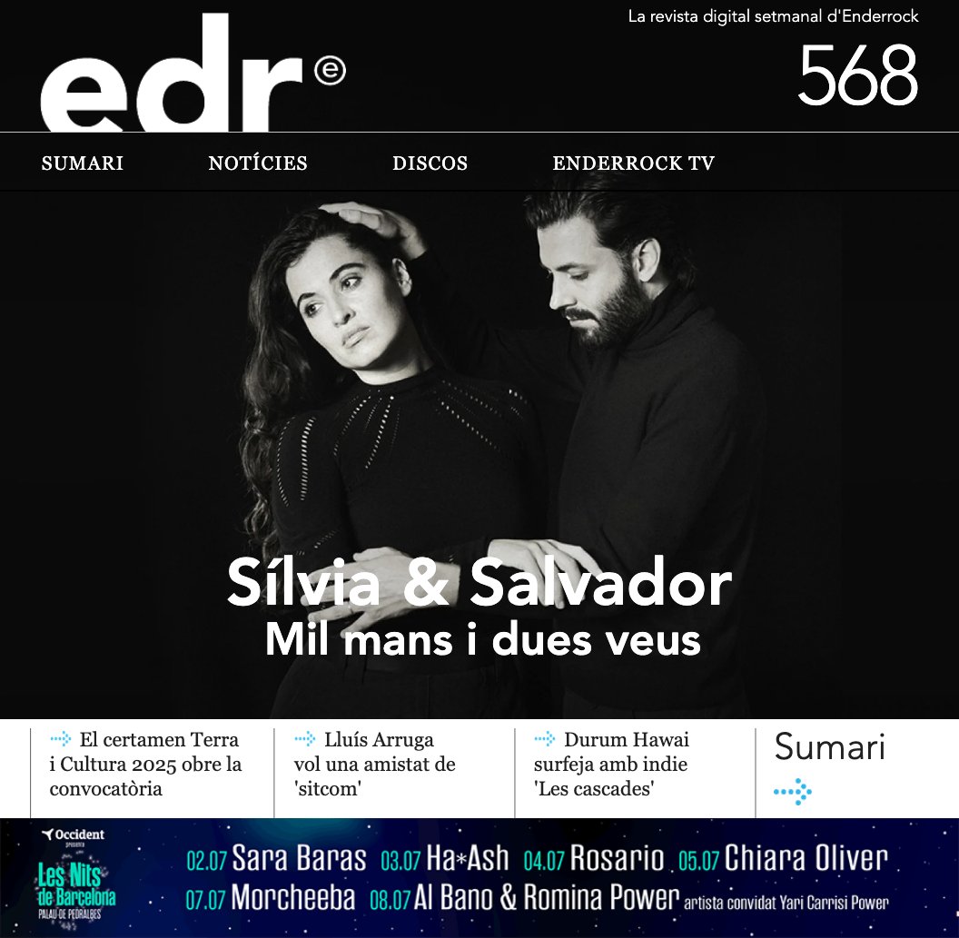 Enderrock (@enderrock) on Twitter photo 🌟 <a href="/Sperezcruz/">Sílvia Pérez Cruz</a>, <a href="/salvador_sobral/">Salvador Sobral</a> i el seu disc conjunt 'Sílvia & Salvador' protagonitzen l'EDR #568 🌟
🔸 A més, parlem de <a href="/Lluisarruga/">Lluís Arruga</a>, #DurumHawai, #Baco i <a href="/iglumusica/">Iglú</a>, i de la nova edició del certamen Terra i Cultura (<a href="/f_lluisllach/">Fundació Lluís Llach</a>).
Tot teu! ⬇️⬇️
enderrock.cat/edr/numero568 🌟 <a href="/Sperezcruz/">Sílvia Pérez Cruz</a>, <a href="/salvador_sobral/">Salvador Sobral</a> i el seu disc conjunt 'Sílvia & Salvador' protagonitzen l'EDR #568 🌟
🔸 A més, parlem de <a href="/Lluisarruga/">Lluís Arruga</a>, #DurumHawai, #Baco i <a href="/iglumusica/">Iglú</a>, i de la nova edició del certamen Terra i Cultura (<a href="/f_lluisllach/">Fundació Lluís Llach</a>).
Tot teu! ⬇️⬇️
enderrock.cat/edr/numero568