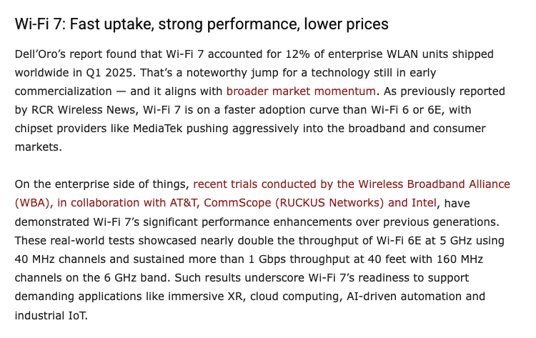 In recent trials, 160 MHz channels on the 6 GHz band supported gigabit Wi-Fi throughout 40 feet, demonstrating Wi-Fi 7's ability to support data-intensive applications like virtual reality and cloud computing.