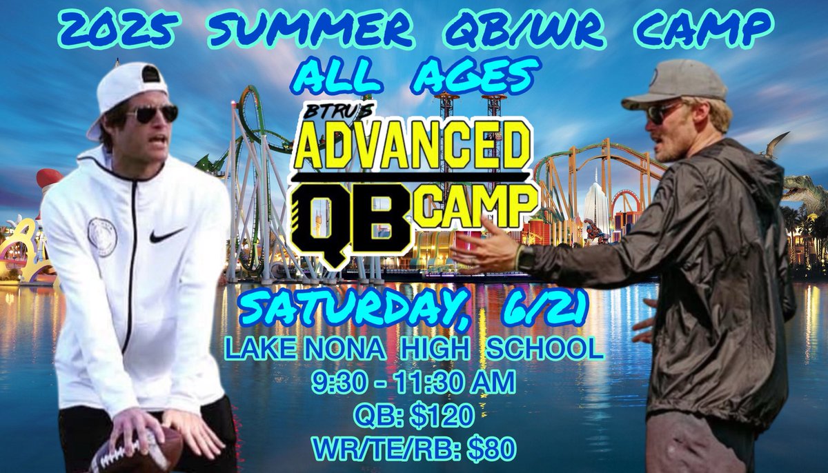 BTru’s Advanced QB Camp (@advancedqbcamp) on Twitter photo 🚨ATTENTION ORLANDO - 24 HOURS🚨
ANNUAL “SUMMER” QB/WR/RB CAMP with <a href="/baylintrujillo/">Baylin Trujillo</a>, <a href="/KOlsen19/">Coach Kevin Olsen</a> & <a href="/jugo_nueve/">Garrett Johnson</a> IS TOMORROW, JUNE 21st, 9:30-11:30am at LAKE NONA HIGH SCHOOL ☀️🏝️
EMAIL btruqb@gmail.com to REGISTER (ALL AGES) | #BTruQBTraining 🔘
QBs: $120
WR/TE/RBs: $80 🚨ATTENTION ORLANDO - 24 HOURS🚨
ANNUAL “SUMMER” QB/WR/RB CAMP with <a href="/baylintrujillo/">Baylin Trujillo</a>, <a href="/KOlsen19/">Coach Kevin Olsen</a> & <a href="/jugo_nueve/">Garrett Johnson</a> IS TOMORROW, JUNE 21st, 9:30-11:30am at LAKE NONA HIGH SCHOOL ☀️🏝️
EMAIL btruqb@gmail.com to REGISTER (ALL AGES) | #BTruQBTraining 🔘
QBs: $120
WR/TE/RBs: $80