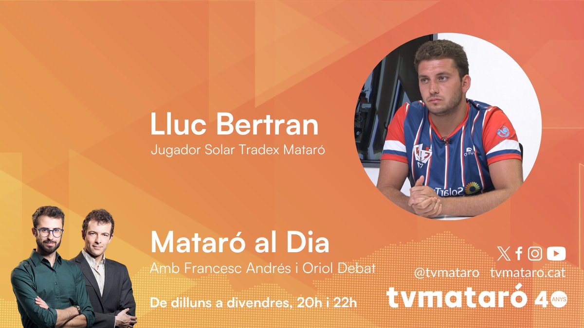 tvmataró (@tvmataro) on Twitter photo 🤽♂️ ENTREVISTA | Avui al #Mataró al dia (21h) parlem amb <a href="/BertranLluc/">Lluc Bertran</a>, nou jugador del Solar Tradex <a href="/cnmataro/">Centre Natació Mataró</a>
🔸 Waterpolista format al CNM, torna a casa després de jugar al <a href="/cnswaterpolo/">CNS Waterpolo</a>, el <a href="/CNBARCELONA/">CNBARCELONA</a> i el <a href="/PANwebmedia/">Pays Aix Natation</a> francès 🤽♂️ ENTREVISTA | Avui al #Mataró al dia (21h) parlem amb <a href="/BertranLluc/">Lluc Bertran</a>, nou jugador del Solar Tradex <a href="/cnmataro/">Centre Natació Mataró</a>
🔸 Waterpolista format al CNM, torna a casa després de jugar al <a href="/cnswaterpolo/">CNS Waterpolo</a>, el <a href="/CNBARCELONA/">CNBARCELONA</a> i el <a href="/PANwebmedia/">Pays Aix Natation</a> francès