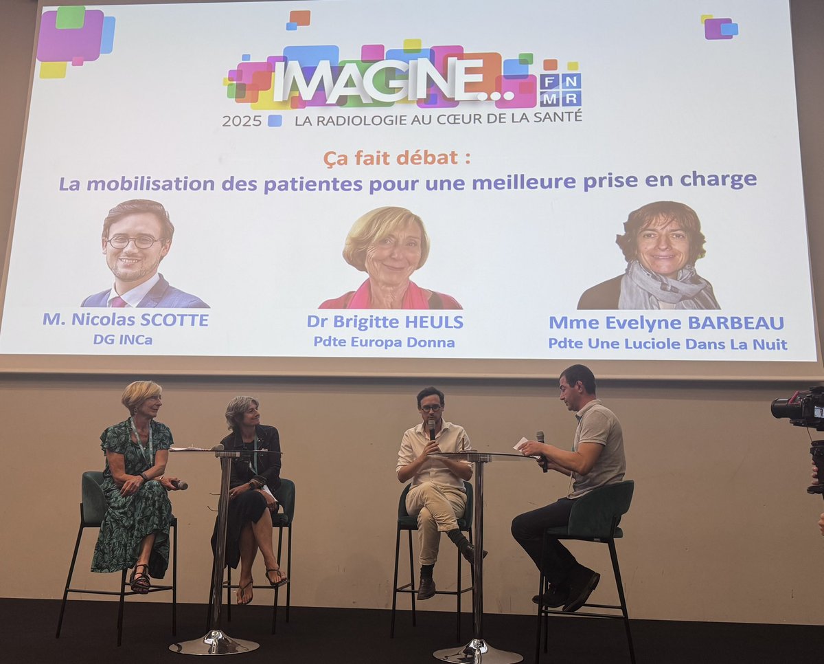 ➡️ Dr Brigitte Heuls (EUROPA DONNA FRANCE), EVELYNE BARBEAU (Une Luciole dans la nuit) et Nicolas Scotté (Institut national du cancer) réunis pour parler du rôle de la radiologie en matière de prévention.