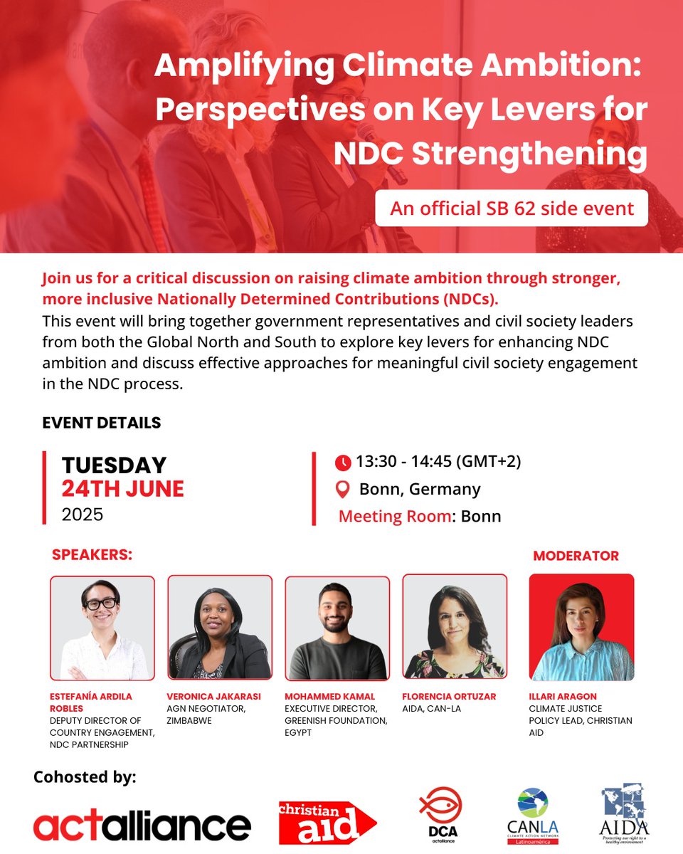 Are you at #SB62 Conference in #Bonn?

Join  us next Tuesday on this Side Event for a critical discussion on raising climate  ambition through stronger, more inclusive Nationally Determined  Contributions (#NDCs). 

📅24th June
🕑13:30-14:45 (GMT+2)
📍Meeting Room: Bonn