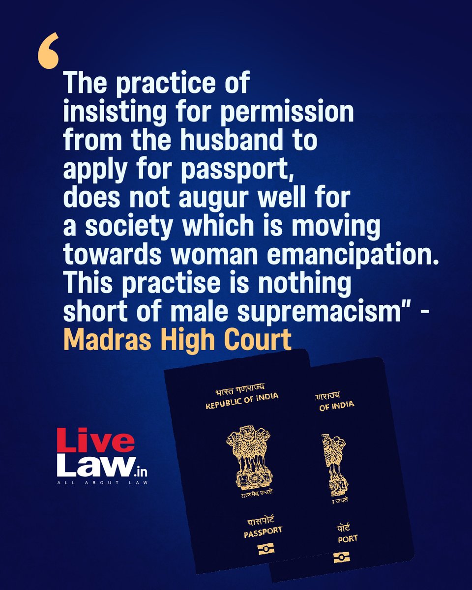 The Madras High Court has made it clear that is not necessary for a wife to get her husband's permission and his signature while applying for a passport.
Read more: t.ly/6QLKr 
#MadrasHighCourt #passport