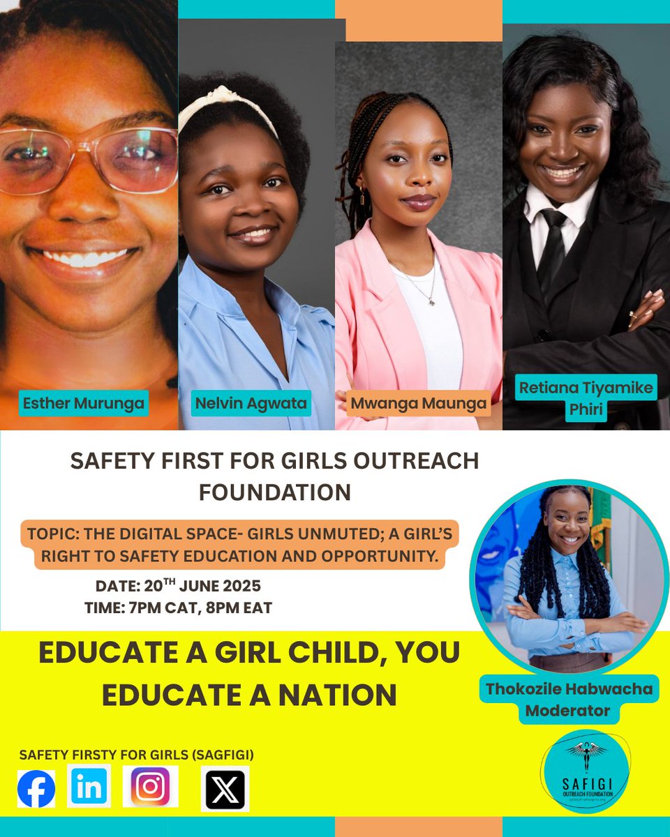 Join us today for a vital talk on girl safety in the digital space! 📅 20 June 🕖 7PM CAT | 8PM EAT
Hear from powerful voices on how we can better support girls online.
meet.google.com/fwf-mmdy-aca 
#GirlsUnmuted #SAFIGI #DigitalSafety #EmpowerHer