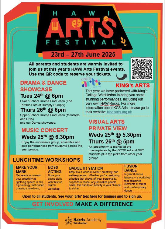 We are really excited for our HAWI Arts Festival next week, and we hope you can join us for an exciting and artistic week!
Please click on this link if you would like to sign-up for tickets:
forms.office.com/e/PJB7zMFdQq