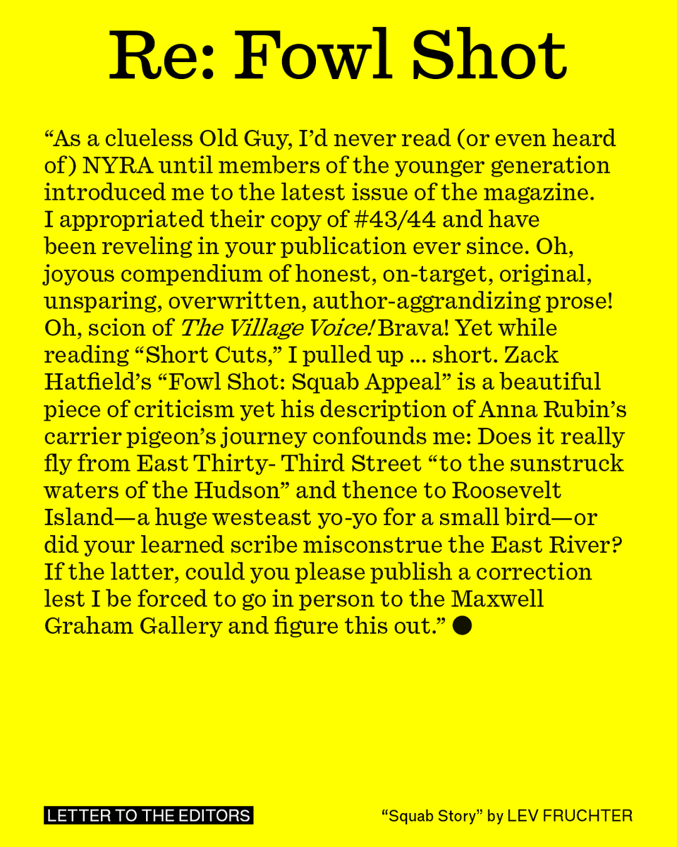 nyreviewofarch's tweet image. One of our astute readers gently corrects a fluvial error in NYRA no. 45 LETTERS page. Want to submit your own letter to the editor? Get in touch at editor@nyra.nyc.
nyra.nyc/articles/squab…