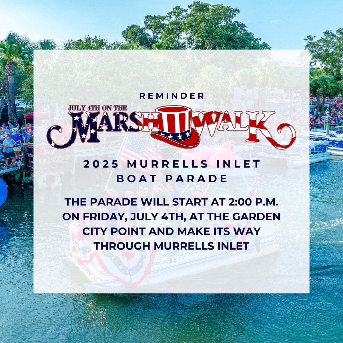 Austin Bond Photo (@murrellsinletph) on Twitter photo The 42nd Annual #MurrellsInlet Boat Parade will start at 2 PM on Friday, July 4 at The Point in Garden City Beach. Hope to see you there! <a href="/EdPiotrowski/">Ed Piotrowski</a> <a href="/jamiearnoldWMBF/">Jamie Arnold WMBF</a> <a href="/BILLWALSHTV/">Bill Walsh</a> <a href="/RobStormTeam2/">Rob Fowler</a> <a href="/LCWxDave/">Dave Williams</a> <a href="/TheRealCWN/">Nicole Huckabee</a> <a href="/BobVanDillen/">Bob Van Dillen</a> <a href="/wxchanneldesk/">The Weather Channel</a> <a href="/AMHQ/">America’s Morning Headquarters</a> <a href="/wxbrad/">Brad Panovich</a> <a href="/MinorWX/">Meteorologist Dorien Minor</a> #July4th The 42nd Annual #MurrellsInlet Boat Parade will start at 2 PM on Friday, July 4 at The Point in Garden City Beach. Hope to see you there! <a href="/EdPiotrowski/">Ed Piotrowski</a> <a href="/jamiearnoldWMBF/">Jamie Arnold WMBF</a> <a href="/BILLWALSHTV/">Bill Walsh</a> <a href="/RobStormTeam2/">Rob Fowler</a> <a href="/LCWxDave/">Dave Williams</a> <a href="/TheRealCWN/">Nicole Huckabee</a> <a href="/BobVanDillen/">Bob Van Dillen</a> <a href="/wxchanneldesk/">The Weather Channel</a> <a href="/AMHQ/">America’s Morning Headquarters</a> <a href="/wxbrad/">Brad Panovich</a> <a href="/MinorWX/">Meteorologist Dorien Minor</a> #July4th