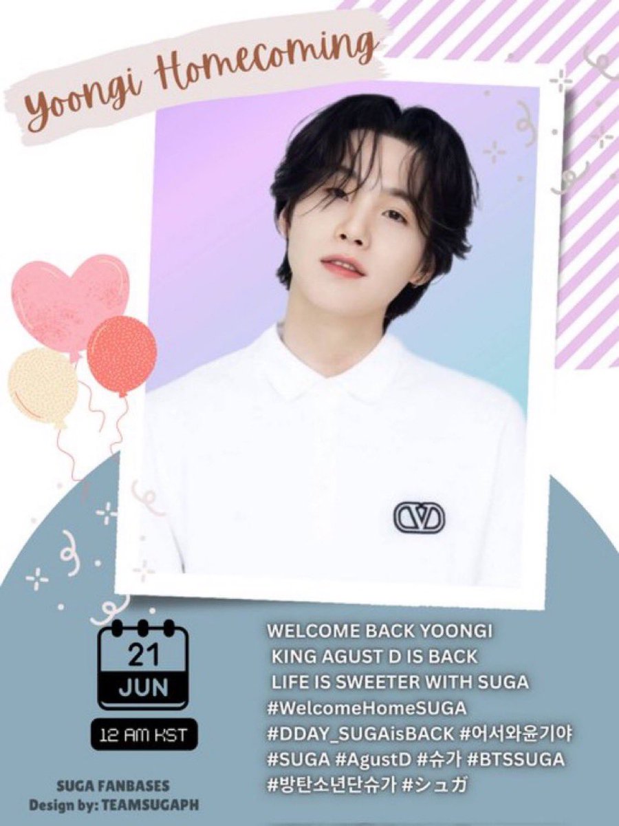 camlovesyoongi's tweet photo. who's ready to welcome back yoongi in just a few hours?? get ready to post tags and trend!!

WELCOME BACK YOONGI
KING AGUST D IS BACK
LIFE IS SWEETER WITH SUGA
#WelcomeHomeSUGA
#DDAY_SUGAisBACK #어서와윤기야
#SUGA #AgustD #슈가 #BTSSUGA
#방탄소년단슈가  #シュガ https://t.co/n1ihlcokDu