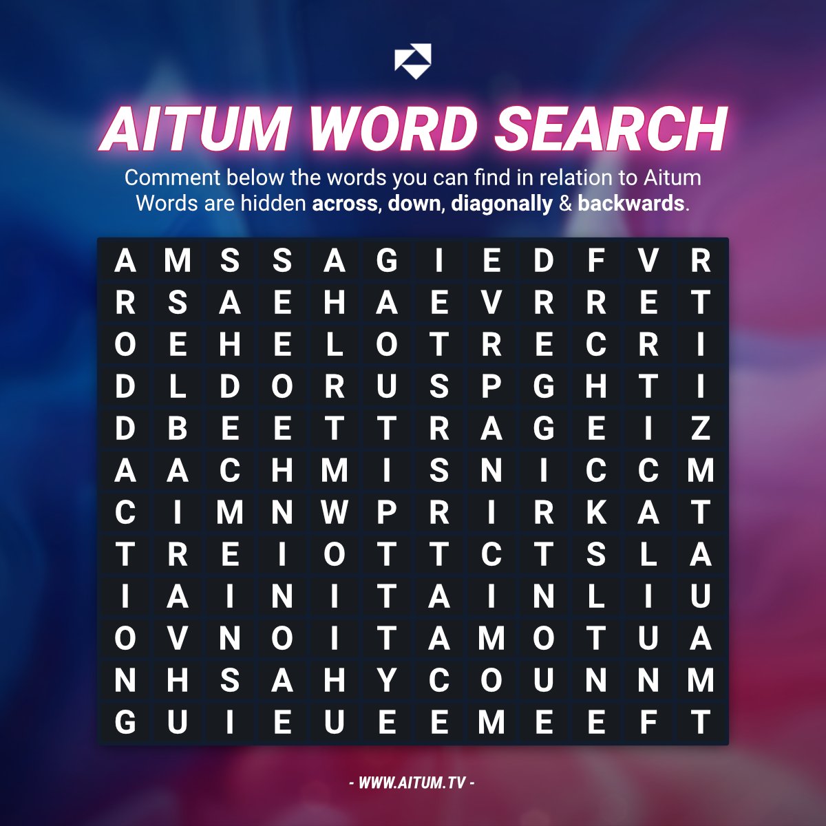 🧠 BRAIN TEASER FRIDAY 🧠

Something a little bit different for you today!
Let's see if you're still awake by the end of the week. 
10 words relating to Aitum are hidden inside.

👇 Can you find them all? 👇