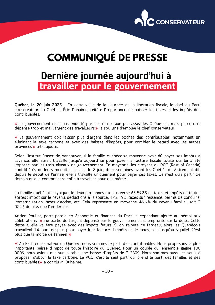 Si la famille québécoise moyenne avait dû payer ses impôts à l’avance, elle aurait travaillé jusqu’au aujourd’hui pour payer la facture fiscale totale qui lui a été imposée par les trois niveaux de gouvernement. Autrement dit, on a juste travaillé pour payer nos taxes et impôts