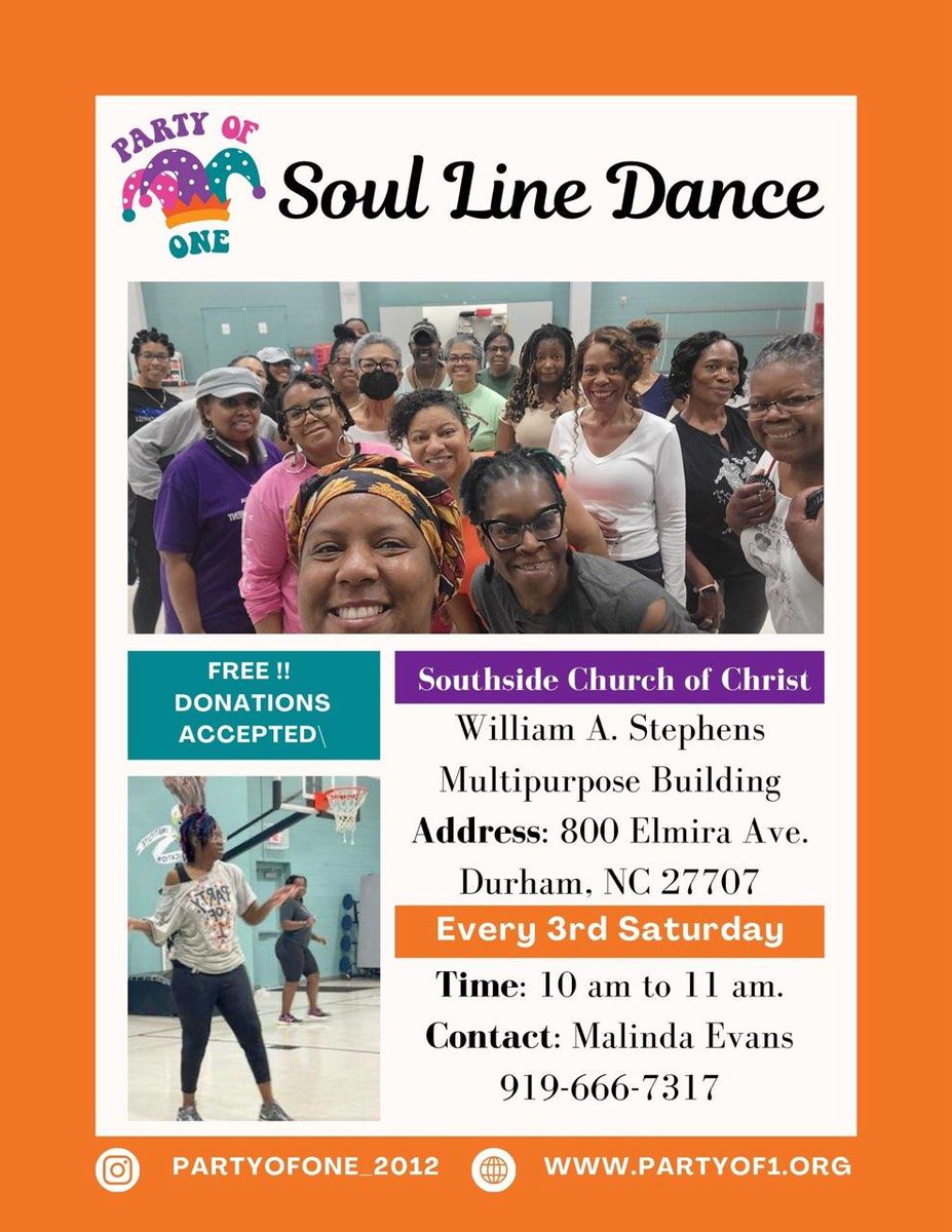 partyofone_2012's tweet photo. TOMORROW, 21JUN2025, Join in the FUN‼ Learn beginner-level soul line dances. 💃🏾 Bring a friend. 😊 #community #partyofone #bullcity #justdance #linedance #exercise #socialize #fun #durham #movement #wellbeing #family #linedancing #friends #health #wellness #music #goodtimes https://t.co/91jrv4nB9R