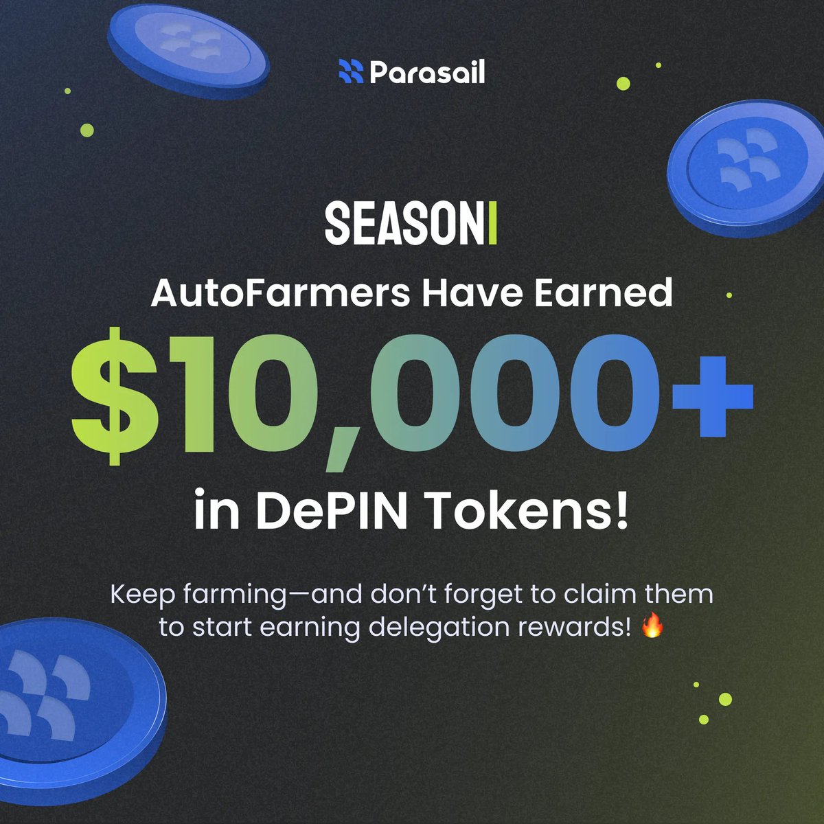🚀AutoFarmers Have Earned $10,000+ in DePIN Tokens!

Parasail AutoFarmers have earned a total of $10,000+ worth of DePIN Tokens since the start of Season 1! 🎉

These tokens are Parasail’s liquid staked tokens that will earn you:
✅ Delegation rewards (as they are considered to