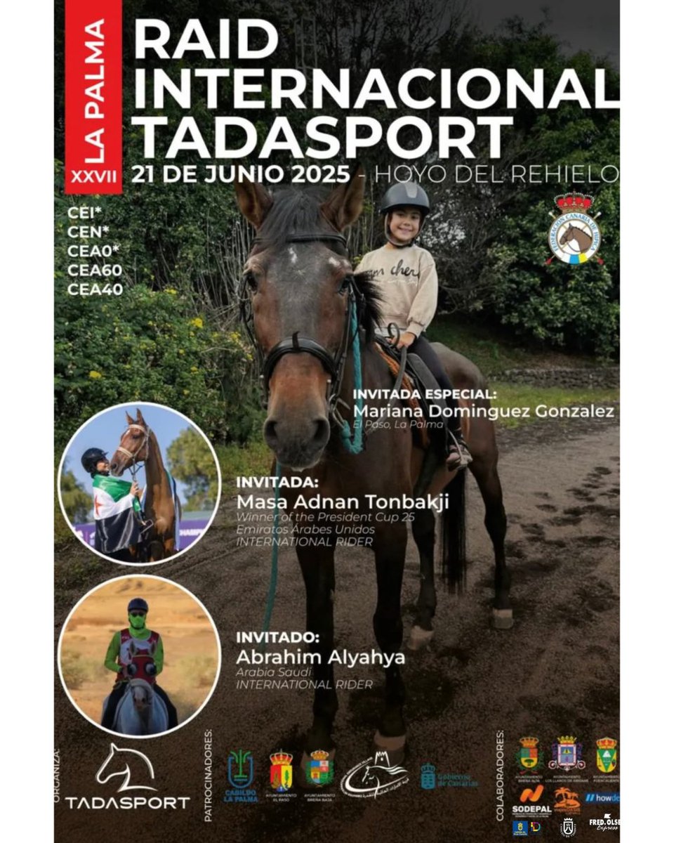 Breña Baja acoge mañana el prestigioso XXVII Raid Internacional Tadasport, una competición ecuestre de resistencia y contará con la participación de jinetes nacionales e internacionales de alto nivel.
+info en bbajadeportes.es/eventos/raid-t…

#breñabaja #LaPalma #hípica #lapalmaecuestre