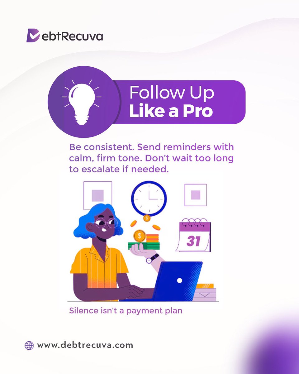 DebtRecuva's tweet image. Follow up with confidence and professionalism! 

Consistency and clarity get results.

 #FollowUpLikeAPro
#DebtRecoveryTips
#ConsistentCommunication #ProfessionalFollowUp
#Debtrecuva
#DebtCollectionBestPractices
#PaymentPlans
#EffectiveCommunication