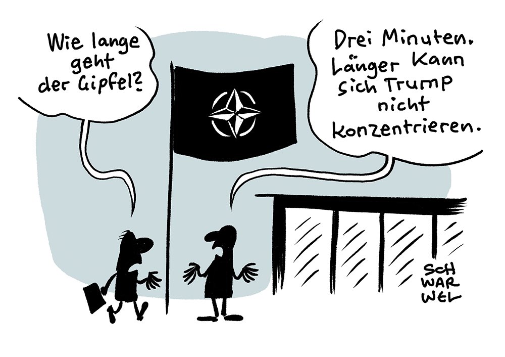 TSchwarwel's tweet image. „Nach vorzeitiger G7-Abreise:
Nato kürzt Gipfel auf zweieinhalb Stunden ein, damit Trump nicht früher geht“
#NATO #Trump #adhs #schwarwel