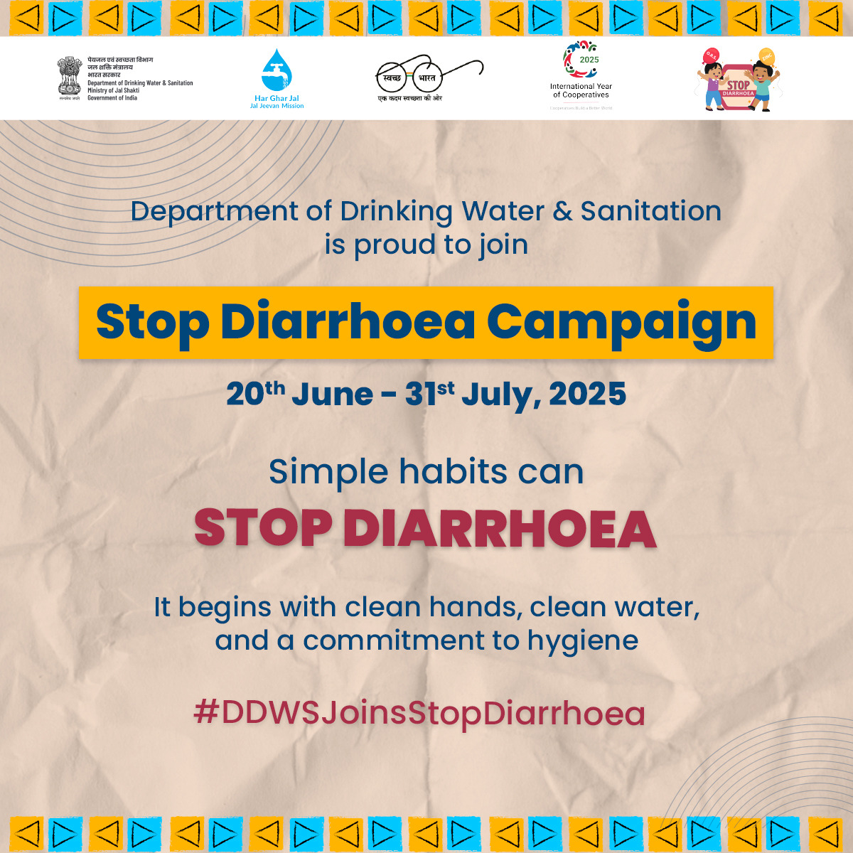 Department of Drinking Water & Sanitation (#DDWS) (@mojsddws) on Twitter photo Diarrhoea is not just a health issue, it is a challenge we can solve together.ЁЯдЭ
Clean Water, Sanitation & Hygiene can help stop Diarrhoea and save lives!
Let's build a healthier India through simple, daily habits.
#DDWSJoinsStopDiarrhoea #StopDiarrhoeaCampaign
<a href="/MoHFW_INDIA/">Ministry of Health</a> Diarrhoea is not just a health issue, it is a challenge we can solve together.ЁЯдЭ
Clean Water, Sanitation & Hygiene can help stop Diarrhoea and save lives!
Let's build a healthier India through simple, daily habits.
#DDWSJoinsStopDiarrhoea #StopDiarrhoeaCampaign
<a href="/MoHFW_INDIA/">Ministry of Health</a>
