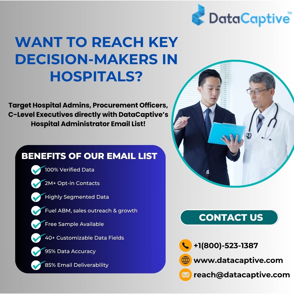 RubyMathew007's tweet image. 🎯 Target hospital decision-makers with 100% verified data!

Get DataCaptive’s Hospital Administrator Email List – GDPR &amp;amp; CAN-SPAM compliant.

📩 High-quality healthcare leads await!

👉 Claim your FREE sample now-bit.ly/45yBizm

#HospitalMarketing #HealthcareLeads
