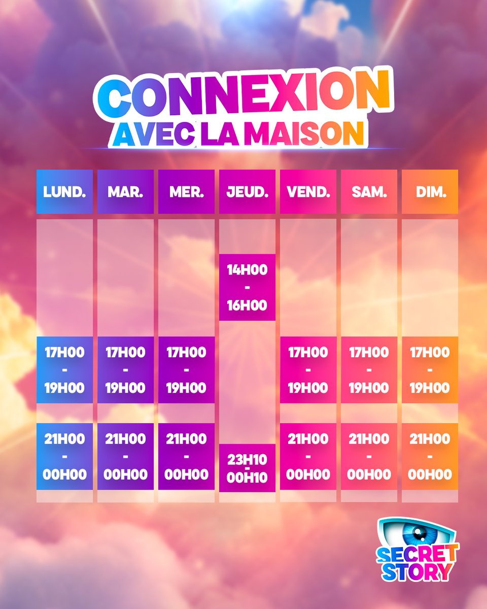 SecretStory_tf1's tweet photo. 🚨 Alerte nouveaux horaires de Connexion avec la Maison, dès aujourd'hui !!
👁️ Suivez les habitants de #SecretStory, en direct de la Maison des Secrets, tous les jours avec Premium sur TF1+ : https://t.co/StzurUZsZD https://t.co/IukE13dw5a
