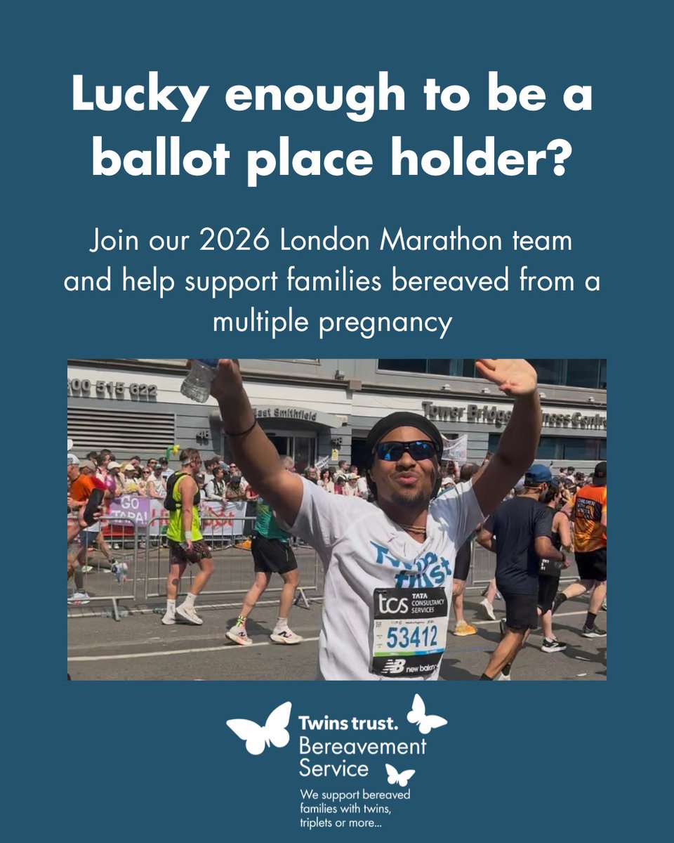 Twins Trust Bereavement Service (@twinstrustbsg) on Twitter photo Do you have a London Marathon ballot place and want to make a difference to the lives of families bereaved from a multiple pregnancy?
Join our 2026 London Marathon team - Email fundraising@twinstrust.org today.
#LondonMarathon #WeRunTogether Do you have a London Marathon ballot place and want to make a difference to the lives of families bereaved from a multiple pregnancy?
Join our 2026 London Marathon team - Email fundraising@twinstrust.org today.
#LondonMarathon #WeRunTogether