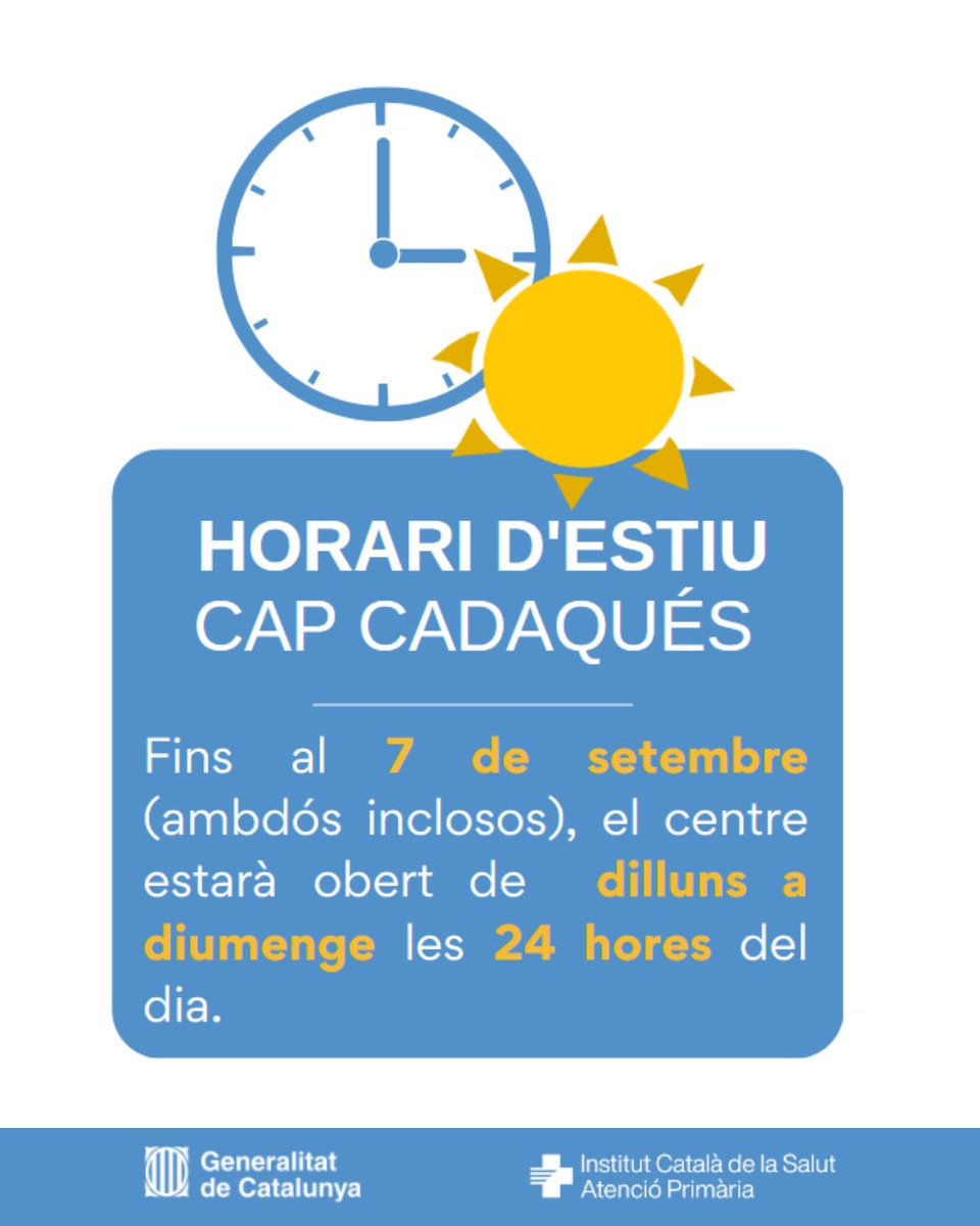 📢🗓️ Nou horari del CAP Cadaqués 

#aCadaqués #CAPcadaqués