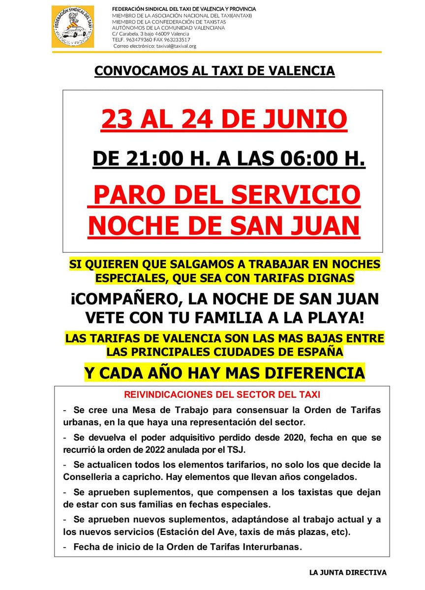 📢 Convocamos al #taxi de Valencia a un paro del servicio 🛑 en la noche de San Juan 🔥

Las tarifas de Valencia son las más bajas entre las principales ciudades de España. ¡Si quieren que trabajemos, que sea con tarifas dignas! 🪧

#TaxiEnLucha 🚖