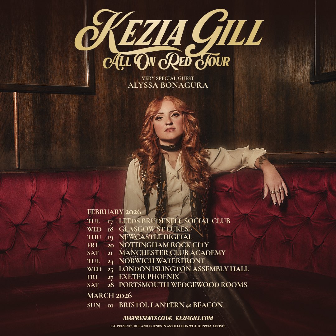 ✨General Tickets Now On Sale ✨

I cannot wait to share this brand new music with you all! I’ll be hitting the road in Feb 2026 for the ‘All On Red’ Tour with special guest Alyssa Bonagura and tickets are on sale NOW!!

Just head to keziagill.com/Tour.html