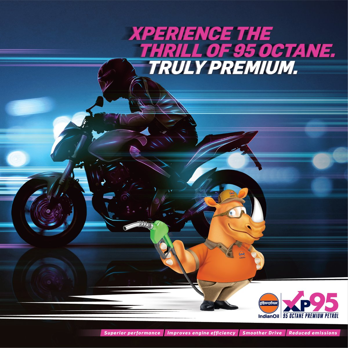 IndianOilcl's tweet image. Master the road with #XP95 ! The 95 Octane Premium Petrol from IndianOil.​
Experience the thrill of Octane 95 with superior performance, better mileage &amp;amp; reduced emissions. Let the smoother rides begin.​
#IndianOil