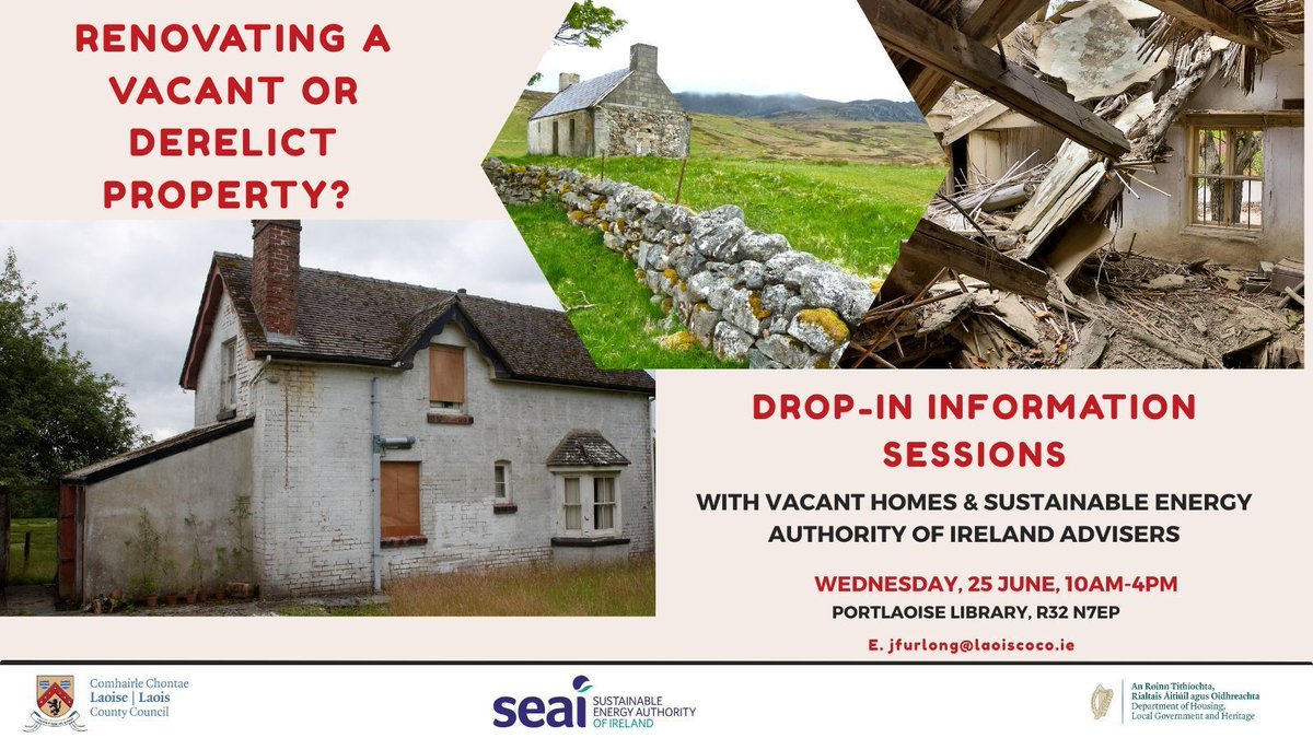 Thinking of renovating a vacant or derelict property? Visit Portlaoise Library on Wed, 25 June, 10am-4pm to speak with Laois County Council's advisors &amp; SEAI reps about grants &amp; funding. More info at laois.ie/newsroom/2025/… #TownRegeneration #CroíCónaithe #SEAI