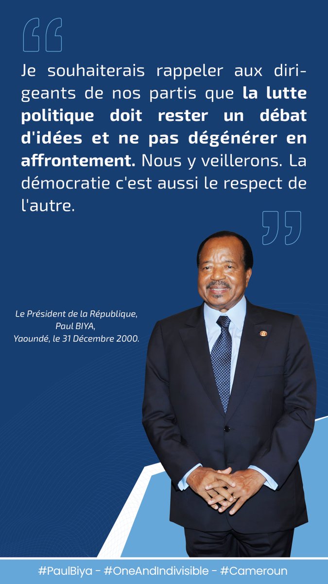 Je souhaiterais rappeler aux dirigeants de nos partis que la lutte politique doit rester un débat d'idées et ne pas dégénérer en affrontement. Nous y veillerons. La démocratie c'est aussi le respect de l'autre.

#PaulBiya
#OneAndIndivisible
#Cameroun