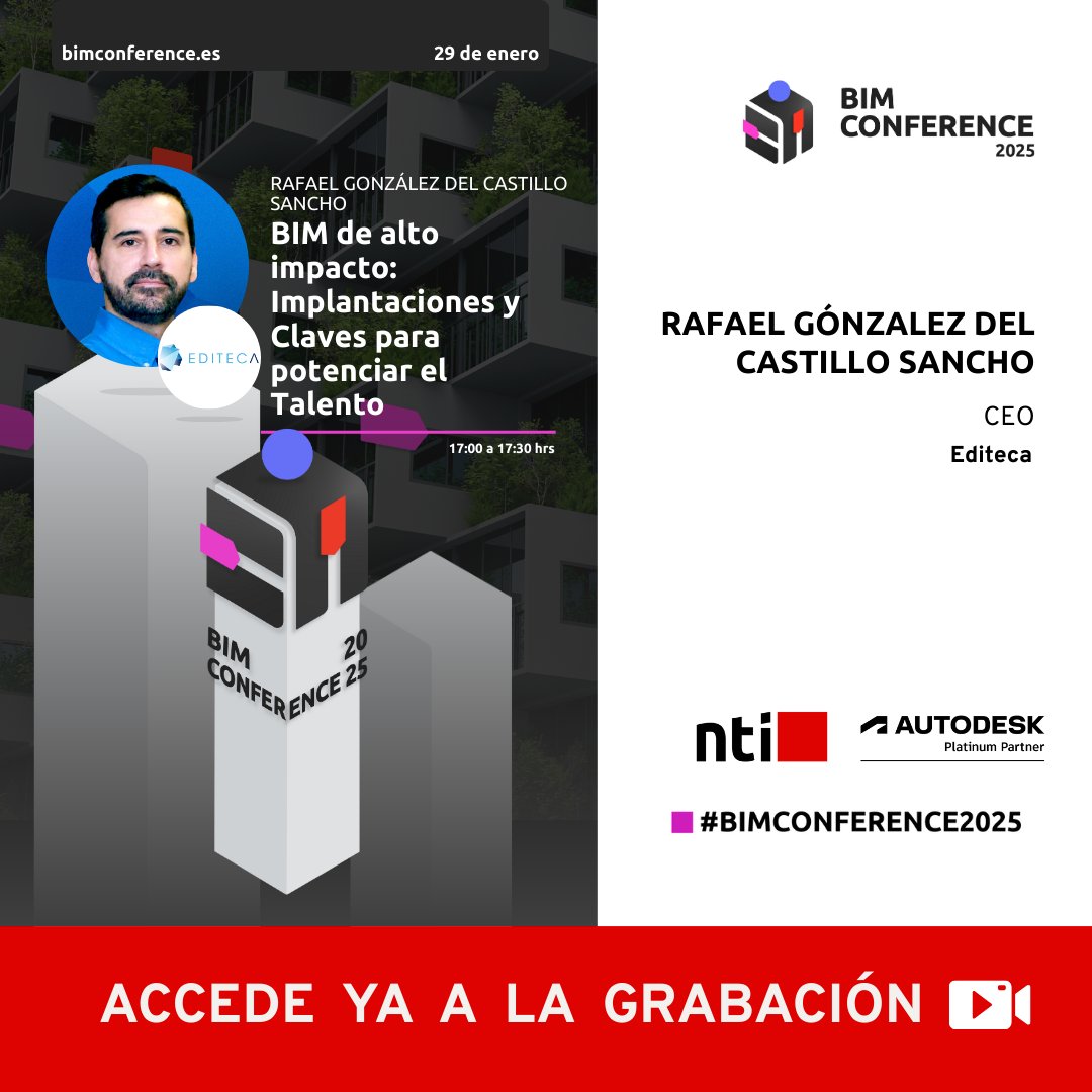 🎥 Grabación disponible:
BIM de alto impacto: Implantaciones y Claves para potenciar el Talento
Rafael González del Castillo Sancho (Editeca) comparte su experiencia en la BIM Conference 2025.
👉 f.mtr.cool/fzqjdkmsbw
#BIMConference2025 #Autodesk #BIM #AEC #NTISpain #NTIGroup