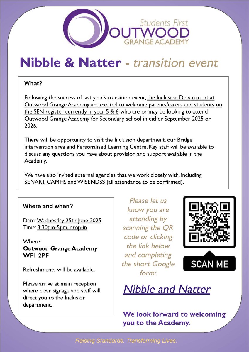 Please see the information attached for any parents/carers of children in years 5 &amp; 6 who are on the SEN register, who are or may be looking for their child to attend Outwood Grange Academy for their Secondary School.