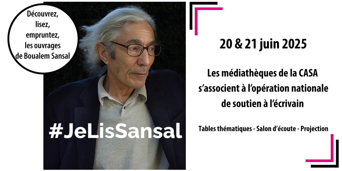 Médiathèques CASA (@medcasa) on Twitter photo 📚 #JeLisSansal
Les médiathèques de la <a href="/CASAOfficiel/">CASA - Officiel</a> s’associent au soutien à Boualem Sansal :
📖 Tables thématiques
🔉 Un salon d’écoute
20 & 21 juin 10h-18h Méd. Antibes
🎞 Proj. "En toute liberté : une radio pour la paix"
20 juin 16h - Méd. Antibes
Entrée libre 📚 #JeLisSansal
Les médiathèques de la <a href="/CASAOfficiel/">CASA - Officiel</a> s’associent au soutien à Boualem Sansal :
📖 Tables thématiques
🔉 Un salon d’écoute
20 & 21 juin 10h-18h Méd. Antibes
🎞 Proj. "En toute liberté : une radio pour la paix"
20 juin 16h - Méd. Antibes
Entrée libre