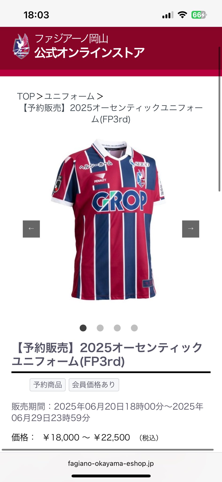 ファジアーノ岡山ユニフォーム オーセンティック3rd 未使用 O