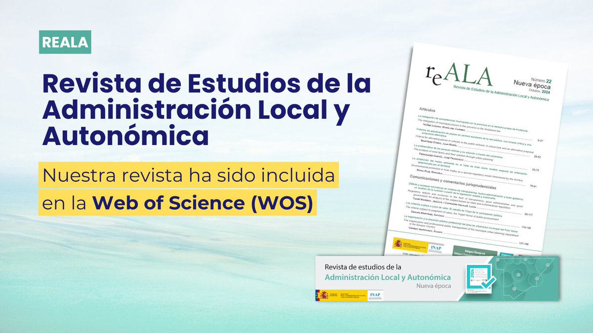 Instituto Nacional de Admón. Pública (@inap_es) on Twitter photo 🔊¡Tenemos una gran noticia! <a href="/RevReala/">Revista de Estudios de la Admón Local y Autonómica</a> ha sido incluida en ESCI-Wos (Web of Science), uno de los índices de citas internacional más importante
🌟Este reconocimiento refleja la calidad y el impacto del trabajo editorial realizado por la revista
🖇️acortar.link/f9AXgg 🔊¡Tenemos una gran noticia! <a href="/RevReala/">Revista de Estudios de la Admón Local y Autonómica</a> ha sido incluida en ESCI-Wos (Web of Science), uno de los índices de citas internacional más importante
🌟Este reconocimiento refleja la calidad y el impacto del trabajo editorial realizado por la revista
🖇️acortar.link/f9AXgg