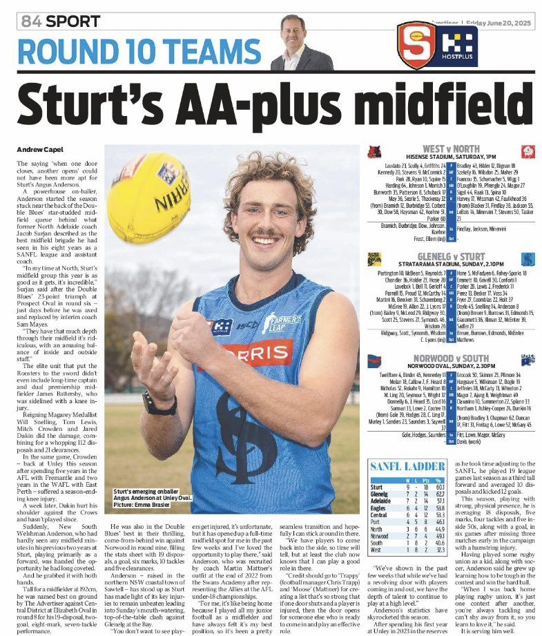 Andrew Capel (@andrewcapel) on Twitter photo . <a href="/SturtFC/">Sturt Football Club</a> finds another <a href="/SANFL/">SANFL</a> midfield diamond - the largely unheralded Angus Anderson, who is making his presence felt for the unbeaten Double Blues. A Sunday blockbuster looms at the Bay against <a href="/GlenelgFC/">Glenelg FC</a> . Plus all the Rd 10 teams. In today’s <a href="/theTiser/">The Advertiser</a> . <a href="/SturtFC/">Sturt Football Club</a> finds another <a href="/SANFL/">SANFL</a> midfield diamond - the largely unheralded Angus Anderson, who is making his presence felt for the unbeaten Double Blues. A Sunday blockbuster looms at the Bay against <a href="/GlenelgFC/">Glenelg FC</a> . Plus all the Rd 10 teams. In today’s <a href="/theTiser/">The Advertiser</a>