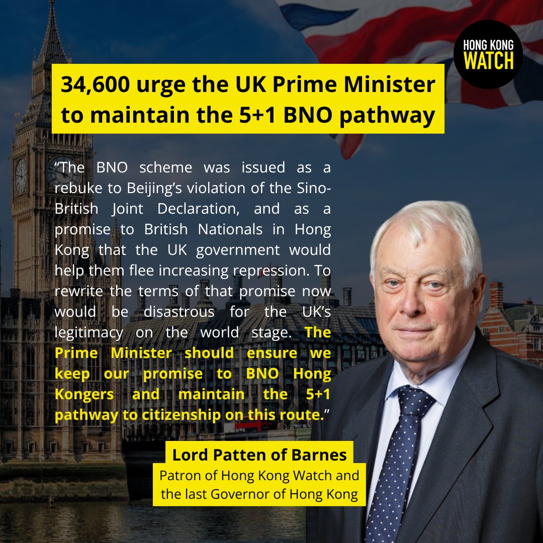 hk_watch's tweet image. Hong Kong Watch Patron Lord Patten of Barnes voices his support for the #BNO scheme and urges @Kier_Starmer not to renege on the promise made to the people of #HongKong.

#StandByBNOs #NoBrokenPromises

hongkongwatch.org/all-posts/2025…