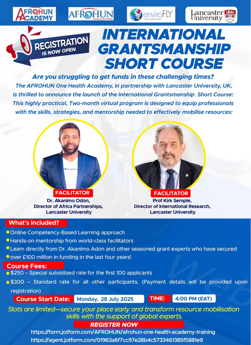 Enhance your grant writing skills with the International Grantsmanship Course. Gain practical tools to secure international funding and elevate your projects.

📅 28th July 2025 | 🕓 4pm 📍 Zoom
🔗 Register: form.jotform.com/AFROHUN/afrohu…