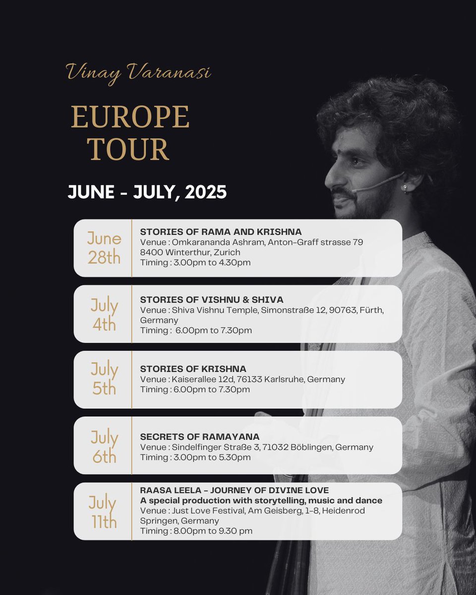 Visiting Europe(Germany,mostly) sharing stories close to my heart. Ticket links: 
28th,Zurich
bit.ly/sifaa33
July 4,furth
 forms.gle/xcJ2f387TcoYaP…
 5,Karlsruhe
bhogya.online/events/spiritu…
 6,Stuttgart
bhogya.online/events/ramayan…
July 11,Bhakti Marga,
tickets.justlovefestival.org/pages/just-lov…