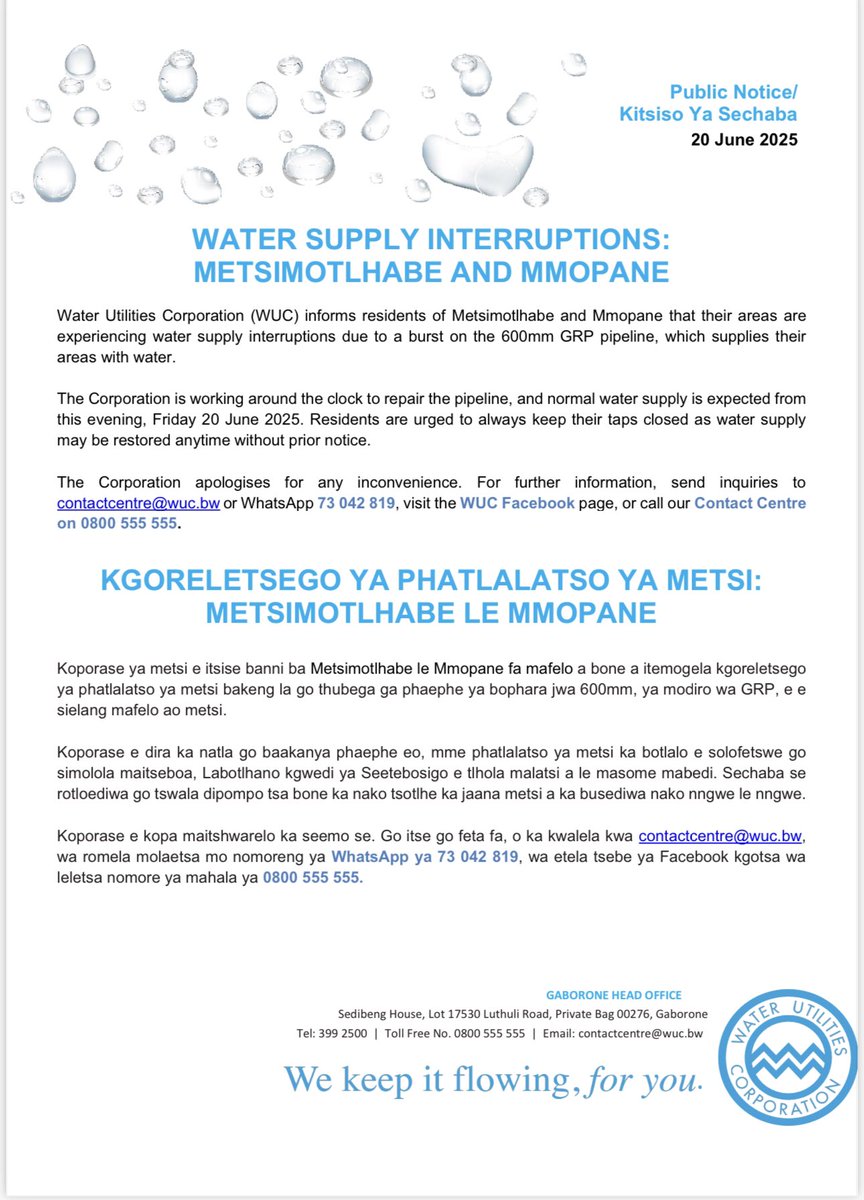 Public Notice/Kitsiso Ya Sechaba 
Water Supply Interruptions/Kgoreletsego ya Phatlalatso ya metsi 

Metsimotlhabe and Mmopane