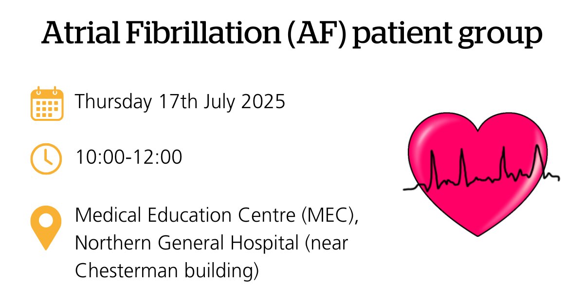 SheffieldHosp's tweet image. Next meeting of our Atrial Fibrillation (AF) patient group.
Thursday 17th July 2025, 10:00 -12:00, Medical Education Centre (MEC), Northern General.
Learn more about AF and meet other patients.
Please register interest by phone or email.
sth.crmnurse@nhs.net
0114 2269064