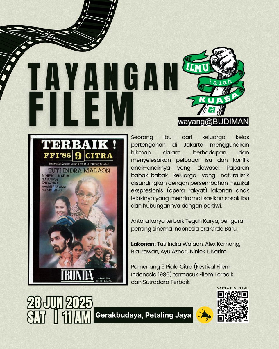 TAYANGAN FILEM |

Seorang ibu dari keluarga kelas pertengahan di Jakarta menggunakan hikmah dalam berhadapan dan menyelesaikan pelbagai isu dan konflik anak-anaknya yang dewasa. 

Semua dijemput hadir!

Daftar: bit.ly/filemgb