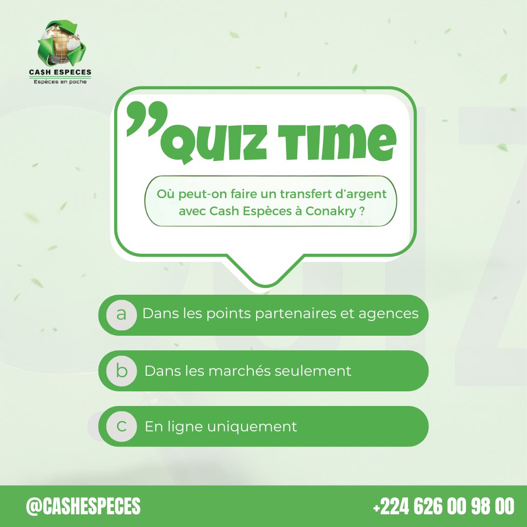 Avec Cash Especes, faire un transfert d’argent à Conakry n’a jamais été aussi simple.

À votre avis, où peut-on faire un transfert d’argent avec nous ? 🤔

Cash Especes, Especes en poches. 

#CashEspeces #TransfertDargent #ChangeDevises #Quiz #Guinée