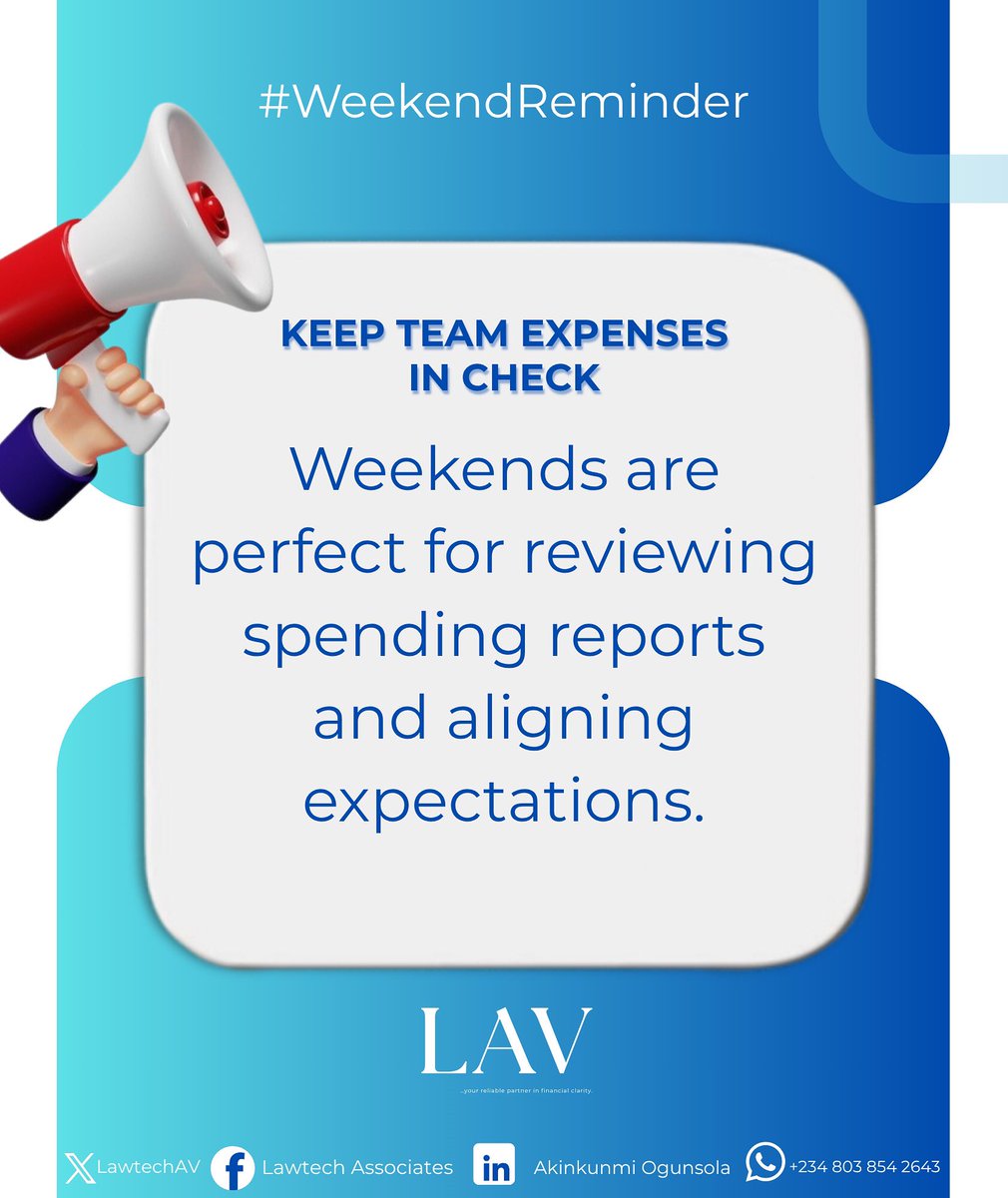LawtechAV's tweet photo. It’s the Weekend!

When was the last time you reviewed how your team is spending company funds?

This weekend, take a few minutes to scan expense reports:
- Are purchases aligned with policy?
- Any red flags or unnecessary costs?
- Is the team sticking to budget limits? https://t.co/I0Ux68ziyA